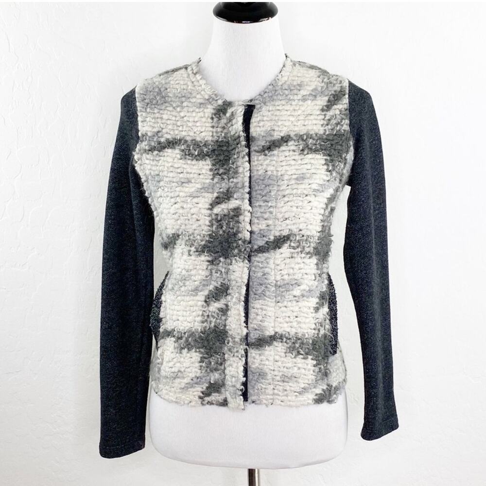 Dolan Anthropologie Houndstooth Tweed Zip Sweater Jacket Small S Gray White Prep
